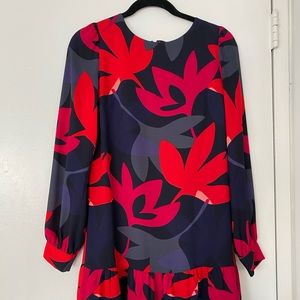 Ann Taylor LOFT Knee Length Long Sleeve Multicolor Floral Dress with Ruffle Hem